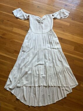 Ivory Off-Shoulder Tiered High-Low Dress
